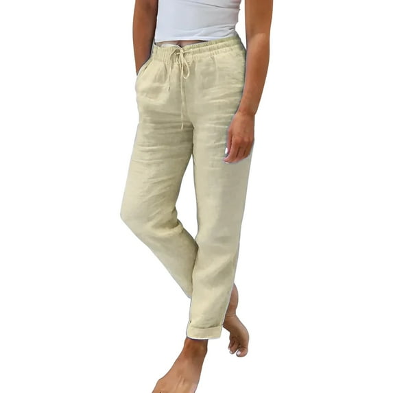 Angala Ladies Summer Elastic High Waist Solid Color Cotton Linen Wide Leg Loose Pants Soft Beautiful Women's Casual Trousers