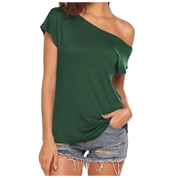 Angala Ladies T Shirts One Shoulder Neck Short Sleeve Solid Color Blouse Summer Slim Fashion Comfortable Dailywear Womens Top Size L Green