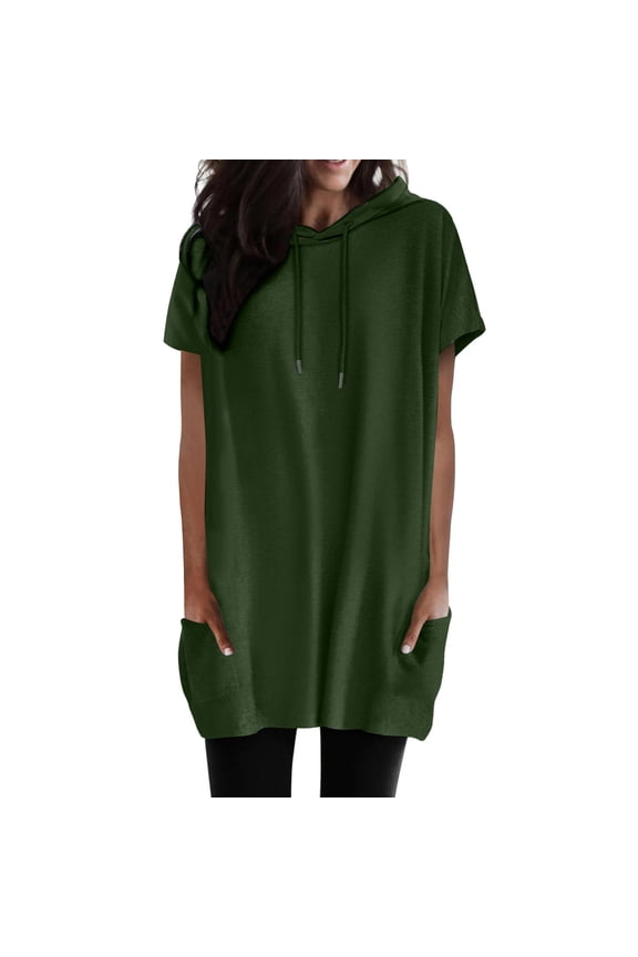 Ladies Tees Hooded Neck Short Sleeve Solid Color Pocket Long Blouse Spring Summer Comfortable Casual Womens Shirts Size M Green