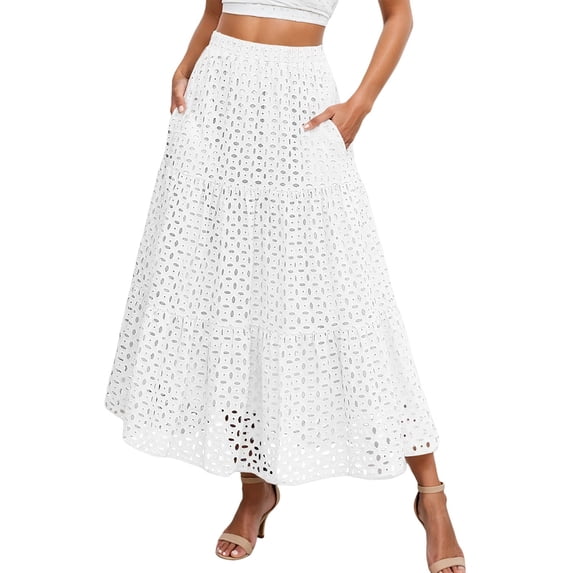 Angala Ladies Tiered Maxi Skirts Boho Summer Breathable Eyelet Elastic High Waist Casual Flowy Beach Womens Skirts Size S White
