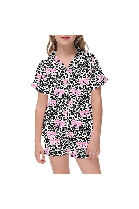 Leopard Print Flannel Pajama For Girls Cozy Two Piece Loungewear With Bow Detail Soft Sleepwear Outfit For Toddlers And Kids Cozy Stylish Children Outfit Set 10-11 Years