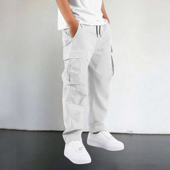 Angala Little Boys Cargo Pants Relaxed Fit With Pockets Fall Casual Boys Baggy Trousers Size 5-6 Years White