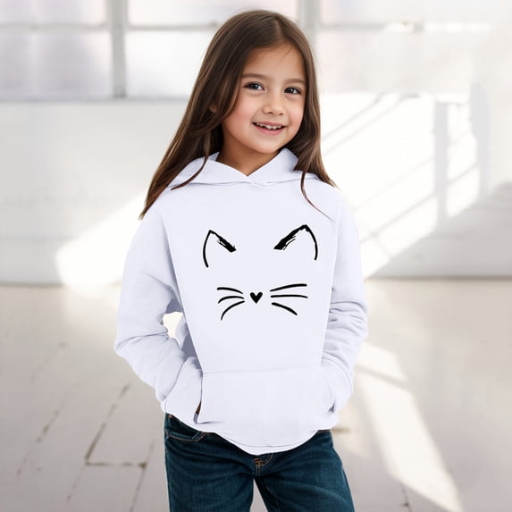 Angala Little Girls Hoodies Sweatshirts Size 6-7 Years Fall Winter Dailywear Kangaroo Pocket Cute Print Long Sleeve Girls Sweatshirts White