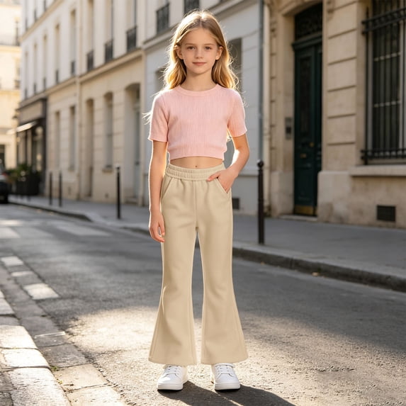 Angala Little Girls School Pants Flared Leg With Fleece Lined Fall Casual Girls Pants Size 5-6 Years Khaki