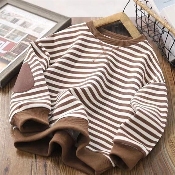 Angala Little Girls Sweatshirts Long Sleeve Stripe Print Soft Warm Fall Winter Dailywear Girl Tops Size 7-8 Years Brown
