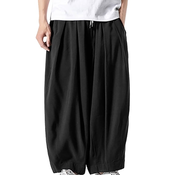 Angala Mens Casual Pants Elastic Waist Culottes Pants Solid Loose Handsome Fashion Casual Mens Summer Trousers Size L Black