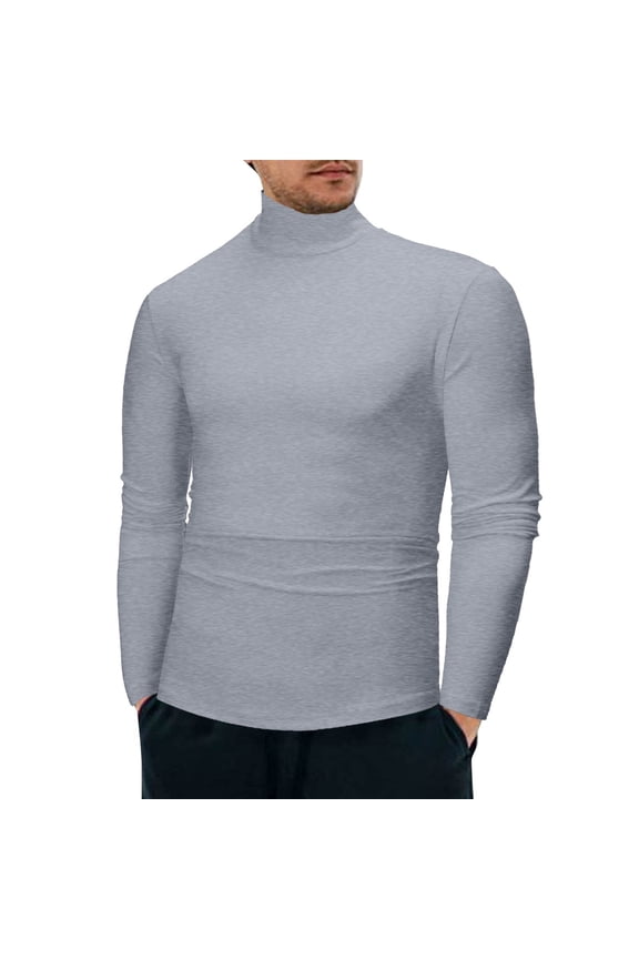 Mens Tees High Neck Long Sleeve Solid Color Spring Summer Warm Slim Comfortable Fashion Dailywear Mens T Shirt Size M Grey