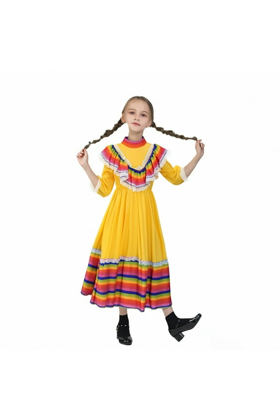 Mexican Girl Long Sleeve Multicolor Princess Dress Dance Party Dresses Clothes Beautiful Casual Cozy Girl's Dress 7-8 Years