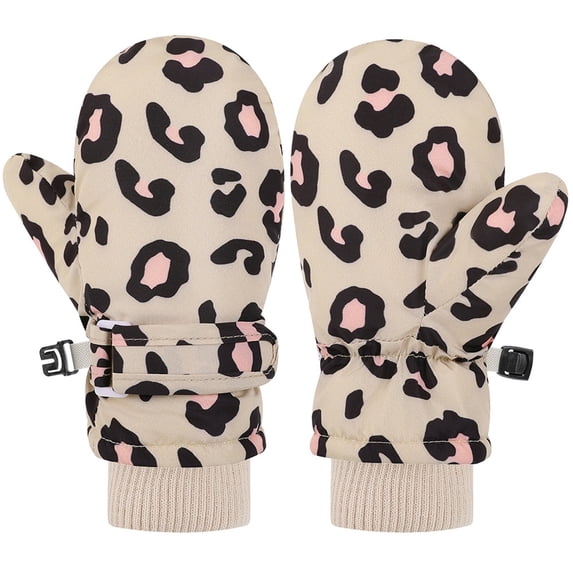 Angala Mittens Kids Leopard Print Ski Gloves Waterproof Adjustable Buckle Thermal Winter Snow Mittens for Boys Girls Cold Weather Play Beige