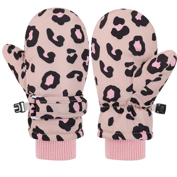 Angala Mittens Kids Leopard Print Ski Gloves Waterproof Adjustable Buckle Thermal Winter Snow Mittens for Boys Girls Cold Weather Play Pink