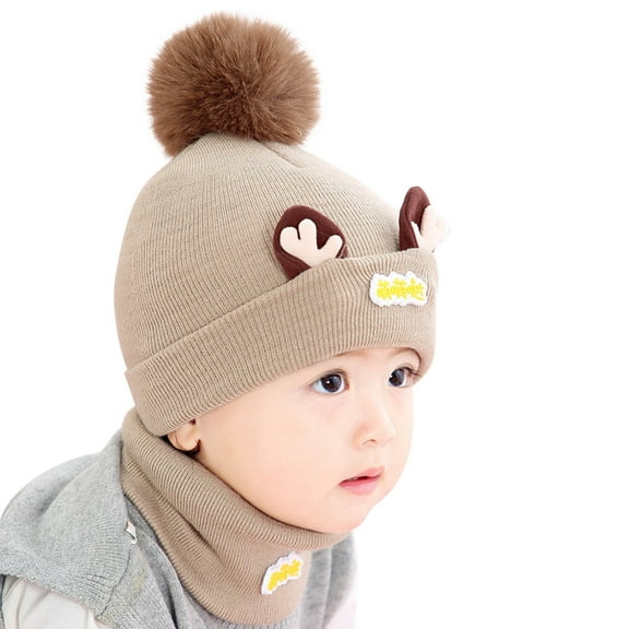 Angala Newborn Infant Baby Kids Boy Girl Pompom Hat Winter Warm Knit Bobble Beaniess Cartoon Cap Scarf Set Cute Breathable Practical One Size