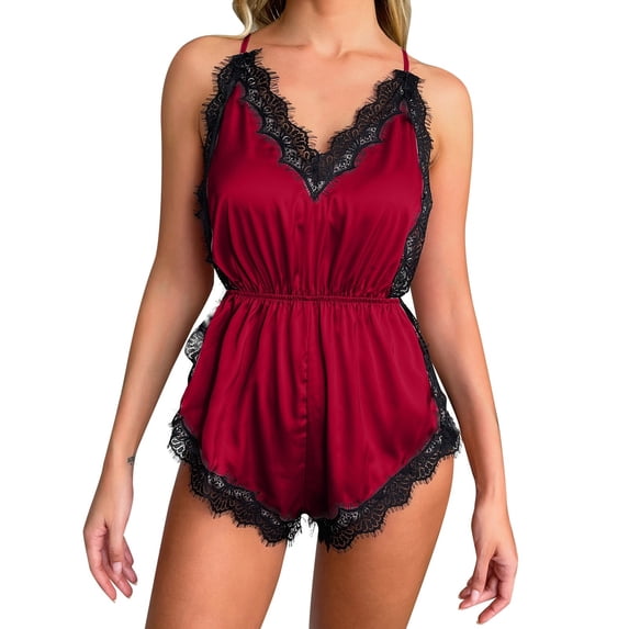 Angala Night Gowns For Women Satin Lace Trim Romper Floral Print Nightgown Deep V High Cut Nightwear Ice Silk Sleepwear Cozy Stylish Basic Intimates