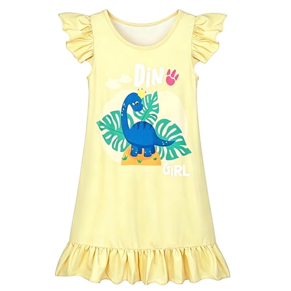 Angala Nightgown Holiday Dress For Girls Flutter Sleeve Crew Neck Cartoon Dinosaur Print Girls Back To School Dresses