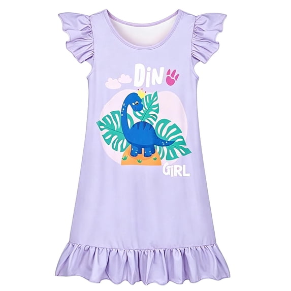 Angala Nightgown Holiday Dress For Girls Flutter Sleeve Crew Neck Cartoon Dinosaur Print Girls Back To School Dresses