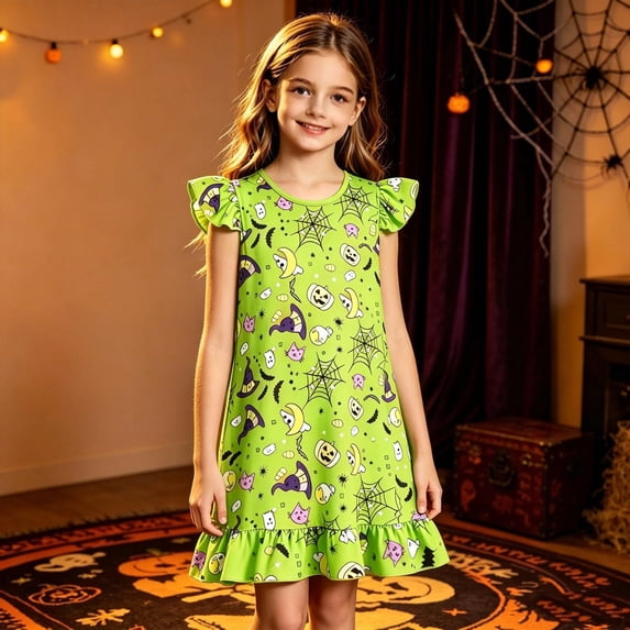 Angala Nightgown Holiday Dress For Girls Flutter Sleeve Crew Neck Pumpkin Print Girls Halloween Dresses