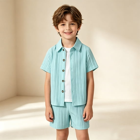 Angala Outfit For Infant Boys Ribbed Graphic Short Sleeve Collared Gentleman Style Shirt Shorts Set Boys Fall Casual Clothes