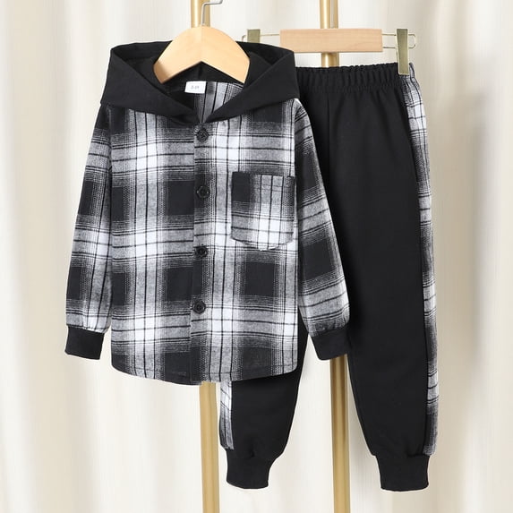Angala Outfit For Little Boys Plaid Long Sleeve Hooded Coat Pants Set Boys Fall Casual Clothes Size 5-6 Years