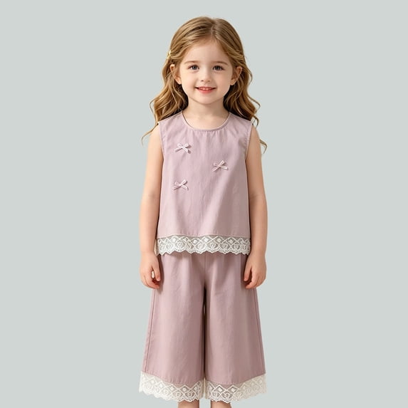 Angala Outfit for Toddler Girls Bowknot Ruffled Lace Vest Shorts Daily Wear Girl Summer Set