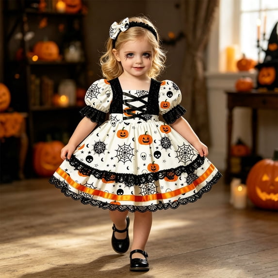 Angala Party Dress For Girls Puff Sleeve Square Collar Pumpkin Print Girls Halloween Dresses
