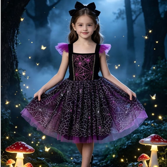 Angala Performance Dress For Girls Flutter Sleeve Square Collar Spider Web Minimal Print Girls Halloween Dresses