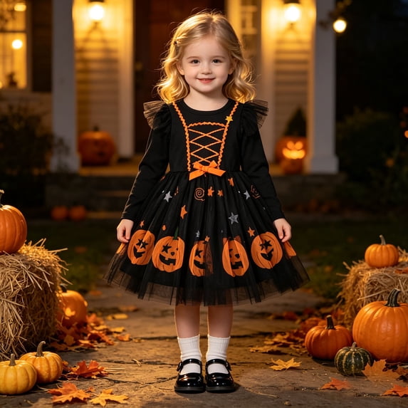 Angala Performance Dress For Girls Long Sleeve Crew Neck Pumpkin Print Girls Halloween Dresses