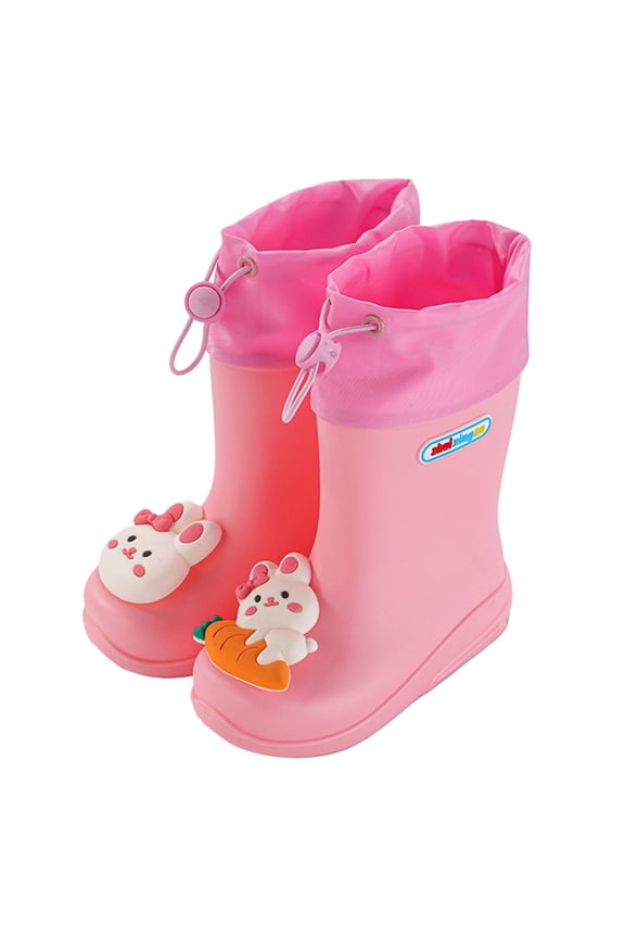 Rain Boots For Girls Mid Calf Cartoon Rabbit Appliques Waterproof Adjustable Non- Boys Rain Boots Size 2.5-3 Years Pink