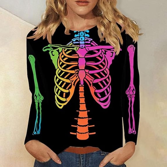 Angala Spooky Season Tee Women Skeleton Graphic Long Sleeve Crew Neck Top, Halloween Everyday Wear T-Shirt Women