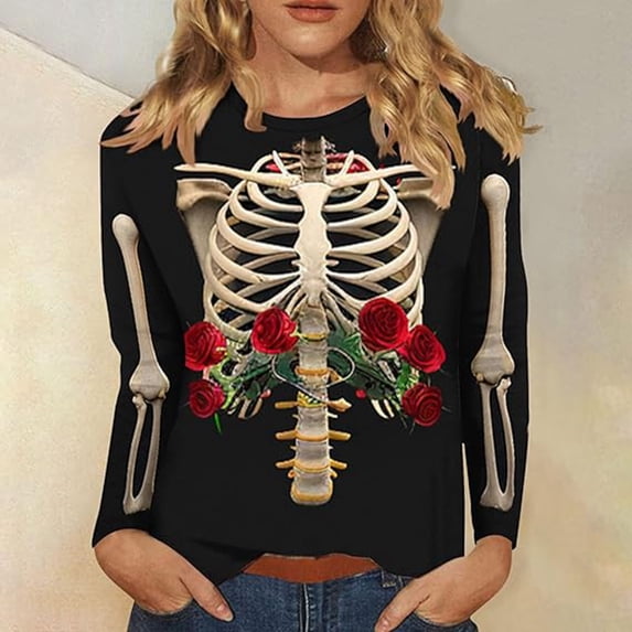 Angala Spooky Season Tee Women Skeleton Graphic Long Sleeve Crew Neck Top, Halloween Everyday Wear T-Shirt Women