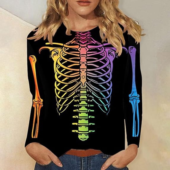 Angala Spooky Season Tee Women Skeleton Graphic Long Sleeve Crew Neck Top, Halloween Everyday Wear T-Shirt Women