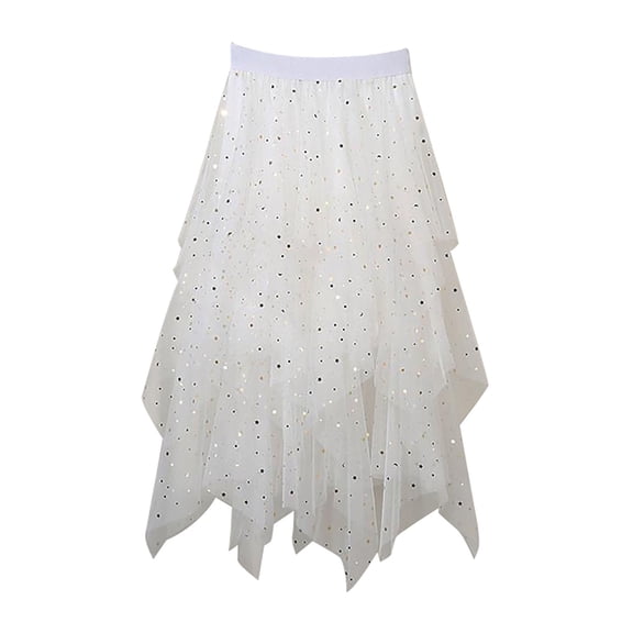 Angala Star Sequin Tulle Skirts For Women Long Sequin Skirt High Low Skirt Sparkly Layered Elastic Waist A Line Skirt Beautiful Casual Women's Skirt