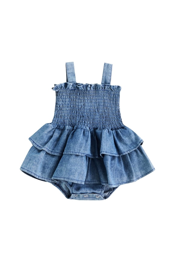 Stylish Denim Dress For Baby Girls Soft Romper With Adjustable Straps And Snap Closure Breathable Cute Baby Bodysuits 9-12 Months