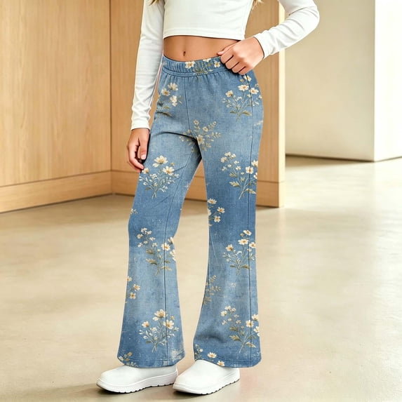 Angala Toddler Girls Denim Pants Floral Graphic Flared Leg Jeans High Waisted Fall Casual Girls Trousers Size 2-3 Years