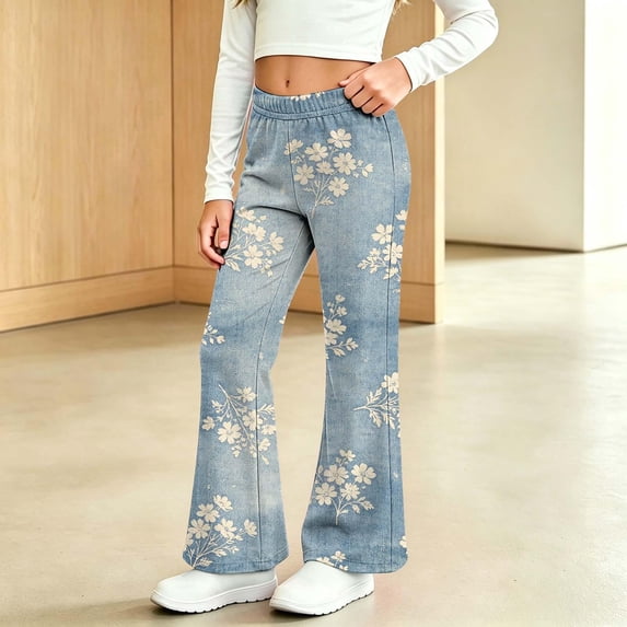 Angala Toddler Girls Denim Pants Floral Graphic Flared Leg Jeans High Waisted Fall Casual Girls Trousers Size 2-3 Years