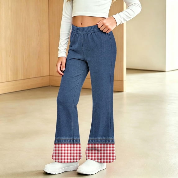 Angala Toddler Girls Denim Pants Plaid Flared Leg Jeans High Waisted Fall Casual Girls Pants Size 2-3 Years