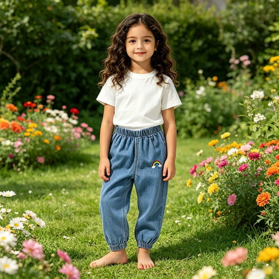 Angala Toddler Girls Denim Pants Rainbow Graphic Harem With Lightweight Breathable Fall Casual Girls Baggy Pants Size 3-4 Years Dark Blue