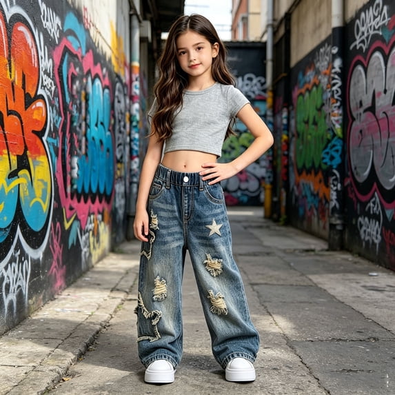 Angala Toddler Girls Denim Pants Wide Leg Jeans With Distressed Detail Fall Casual Girls Baggy Trousers
