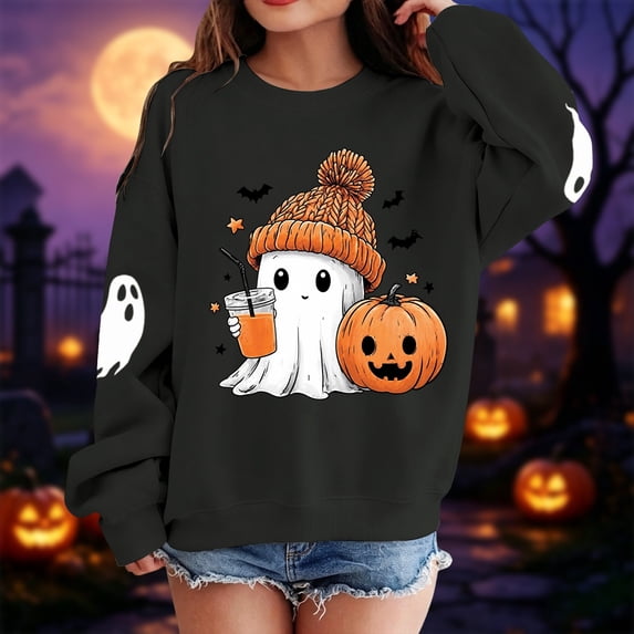 Angala Toddler Girls Halloween Sweatshirt Spooky Ghost Graphic Crew Neck Fall Athletic Top Festival Party Girls Casual Clothes