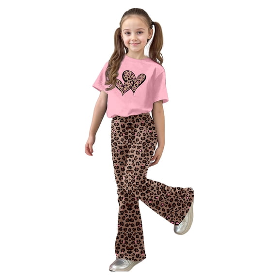 Angala Valentine's Day Girls Casual Fashion Outfit With Bow Short Sleeve Top And Long Pants For Play And Daily Wear Cozy Stylish Children Outfit Set 8-9 Years