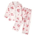 thumbnail image 1 of Angala Valentine's Day Girls Long Sleeve Pajama Soft Ice Silk Sleepwear With Bow And Heart Print Cozy Home Loungewear For Toddlers And Kids Cute Cozy Babys Outfits 13-14 Years, 1 of 9