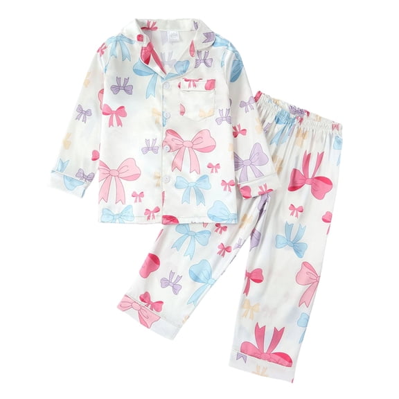 Angala Valentine's Day Girls Long Sleeve Pajama Soft Ice Silk Sleepwear With Bow And Heart Print Cozy Home Loungewear For Toddlers And Kids Cute Cozy Babys Outfits 13-14 Years