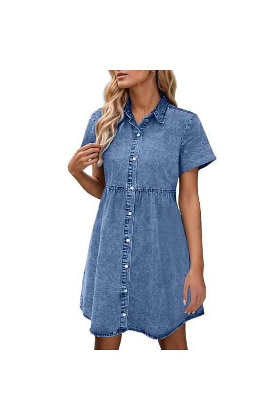 Women's Short Sleeve Button Down Flowy Tiered Denim Dress Elegant Beautiful Casual Women's Dress