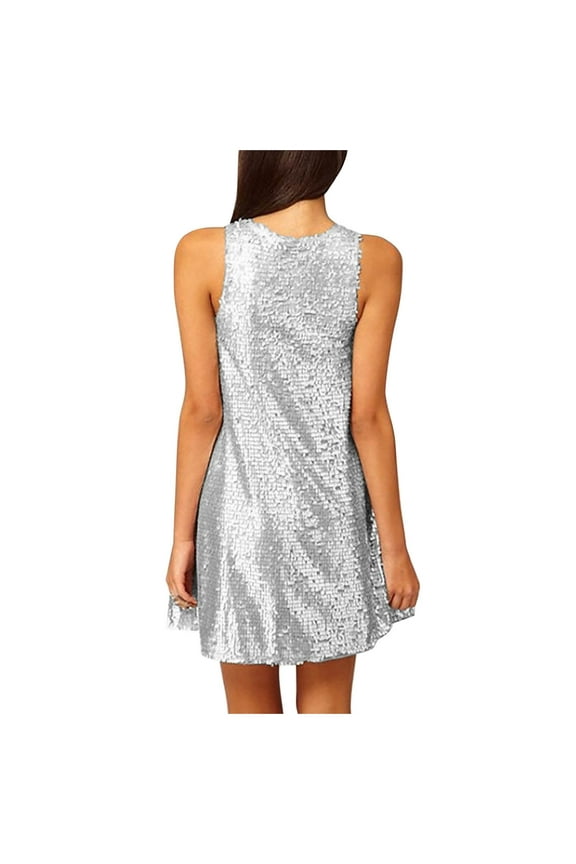 Women's Silver Feather Type Sequin Sleeveless Knee Length Tank Dress Classic Beautiful Casual Women's Dress