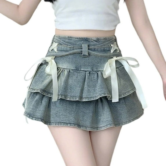 Angala Women's Stretchy Denim Tiered Ruffle Skirt Fashionable High Waist A Line Flared Midi Skirt With Elastic Waistband For Casual Outfits Beautiful Casual Women's Skirt