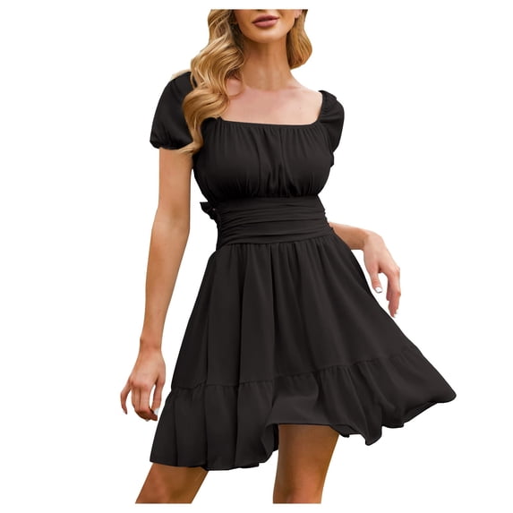 Angala Women's Tie Back Square Neck Short Puff Sleeve Casual Dresses A Line Mini Dress Classic Beautiful Casual Women's Dress