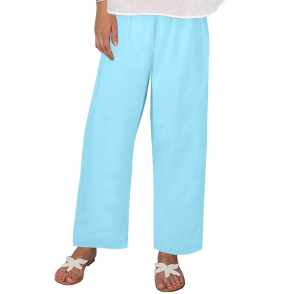 Angala Womens Casual Pants High Elastic Waist Pants Straight Leg Solid Loose Breathable Linen Ladies Summer Pants Size 5Xl Sky Blue