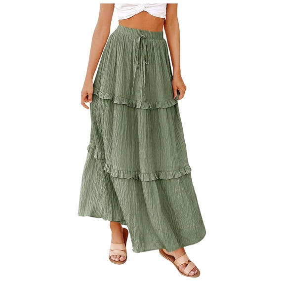 Angala Womens Maxi Tiered Skirts Solid Color Summer High Waist Fashion Elegance Party A Line Ladies Skirts Size 2Xl Green