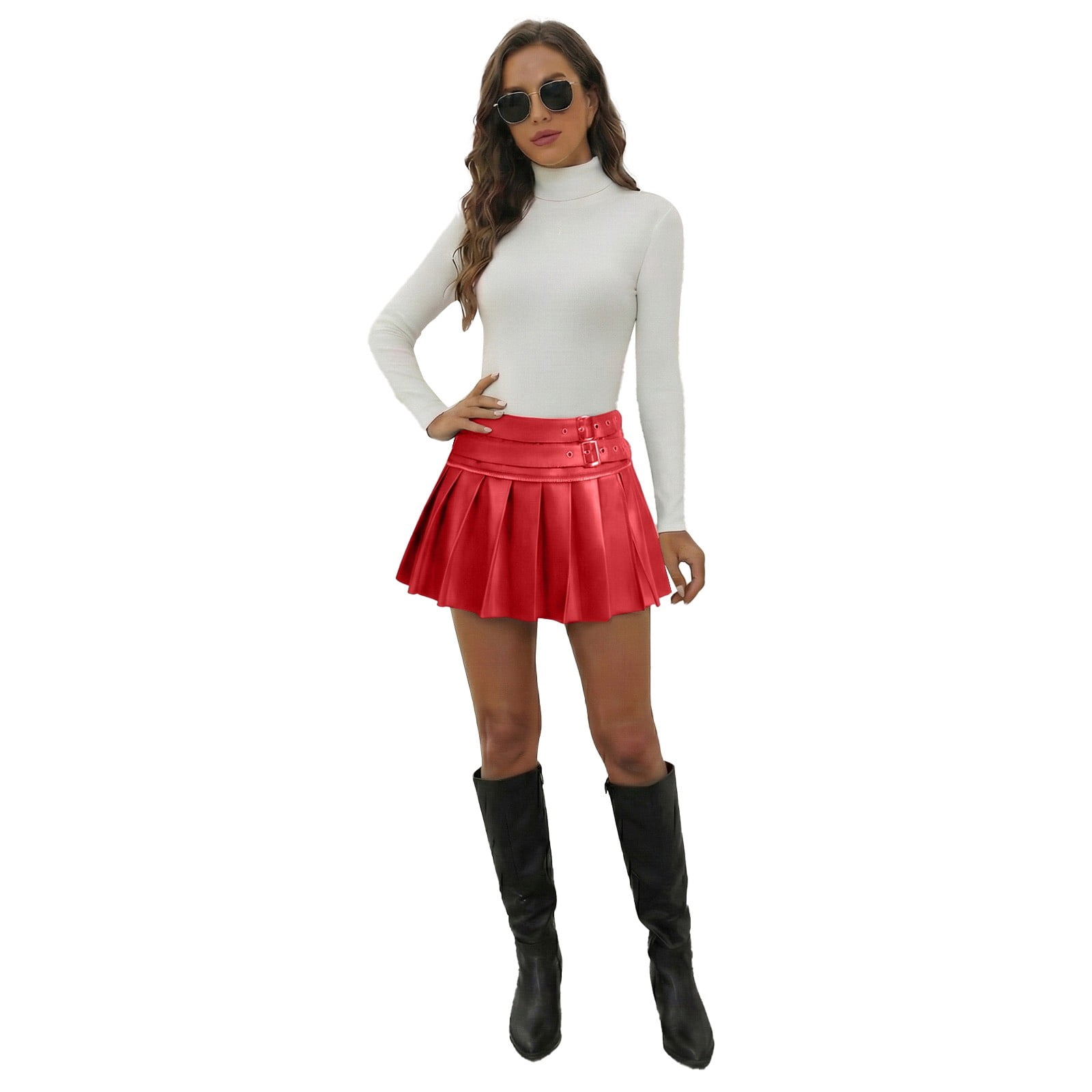 Angala Womens Pleated Mini Skirts Solid Color Summer Low Waist Punk ...