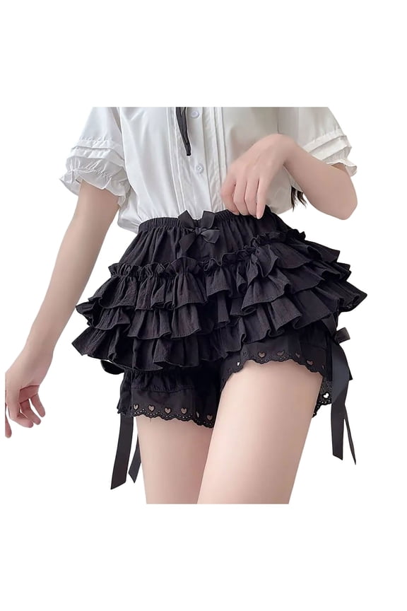 Womens Shorts Solid Color Elastic Waist Cake Culottes Shorts Summer Dailywear Party Cute Soft Stretchable Ladies Shorts Size L Black