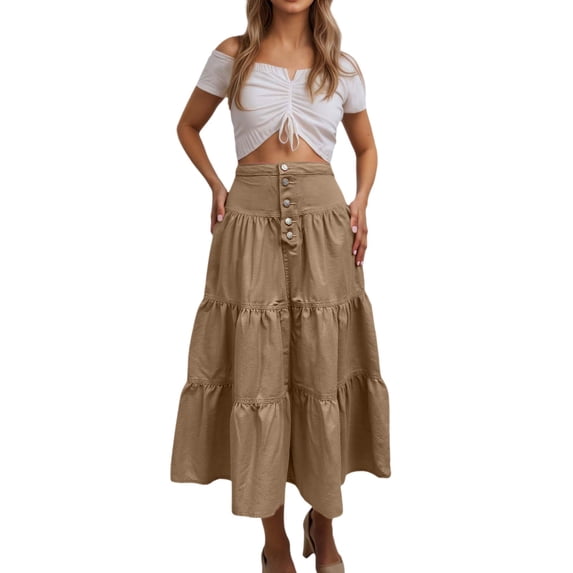 Angala Womens Skirts High Waist Tiered Maxi Skirts Solid Summer Flowy Lightweight Streetwear Holiday Casual Ladies Skirts Size S Brown