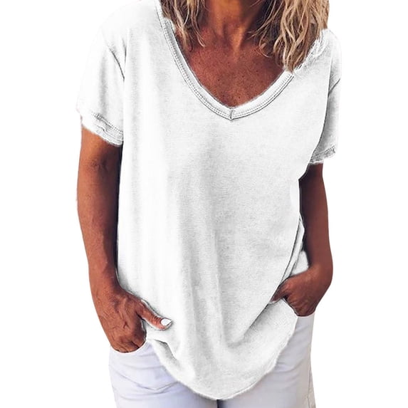 Angala Womens T Shirts V Neck Short Sleeve Solid Color Blouse Summer Loose Comfortable Dailywear Ladies Tees Size S White